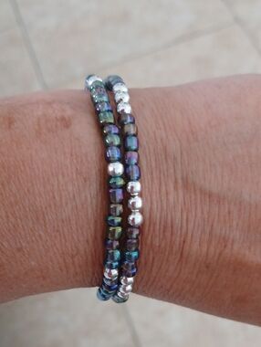 Beaded Stretch Bracelet Duo in Iridescent and Sterling Silver